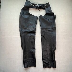 Leather Club Mens Black Genuine Leather Motorcycle Chaps Adjustable Waist Size M